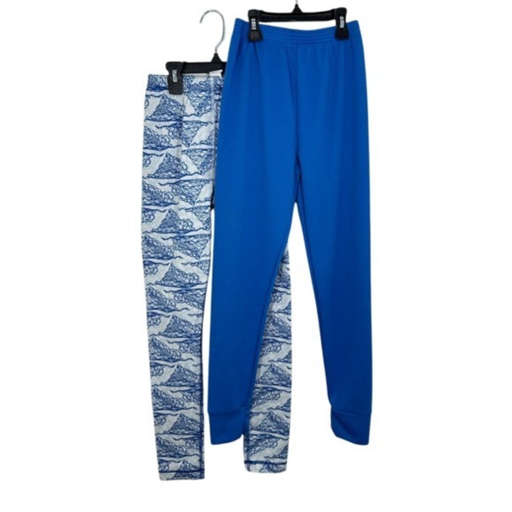 L.L. Bean Kids M 10-12 Blue Thermal Pants Set Mountain Print Skiing Bundle‎ of 2